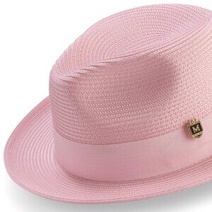 Pink Braided Wide Brim Pinch Fedora Matching Grosgrain Ribbon Hat. H 42